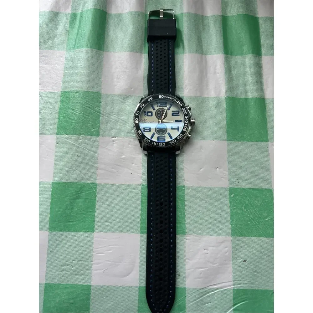 Geneva Silver Tone Black Band Large Men’s Quartz Watch